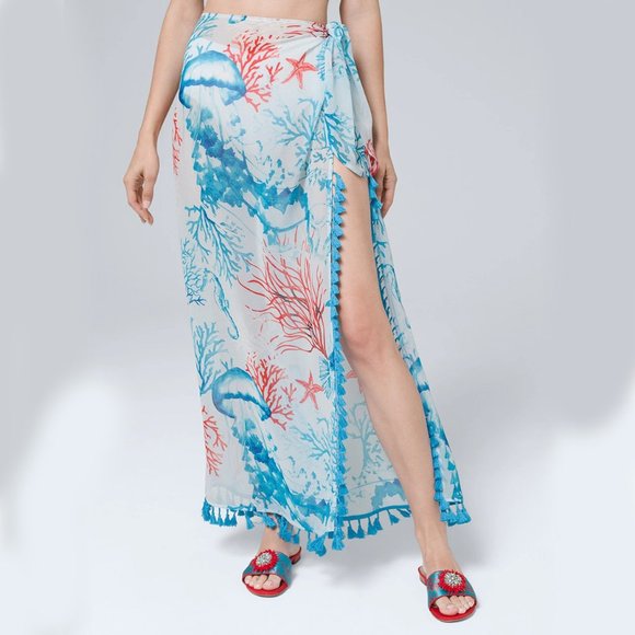 WHBM LARGE JELLYFISH CORAL PRINT CONVERTIBLE PAREO SARONG - Picture 2 of 6